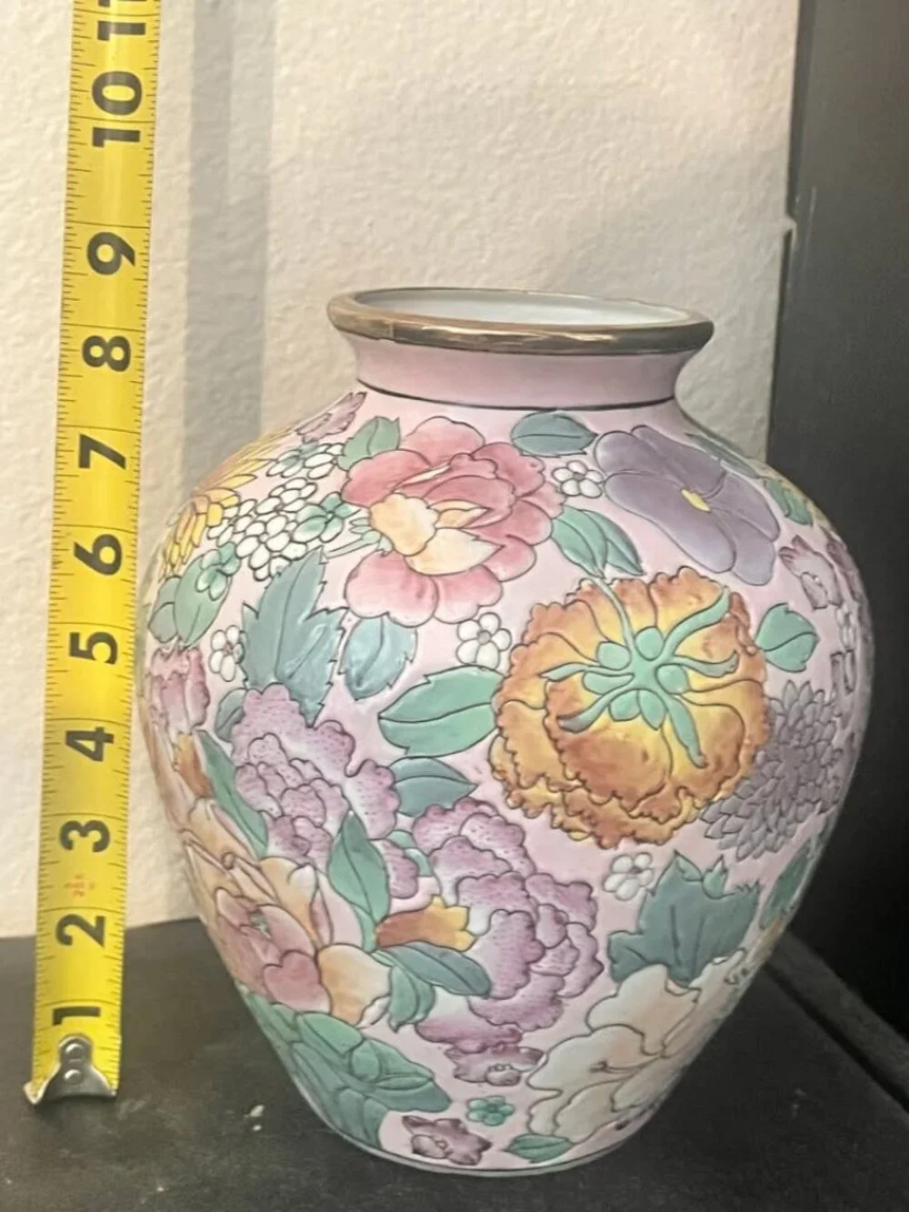 Vintage Chinoiserie  Pink Chinoiserie Porcelain Vase with Embossed Floral Design